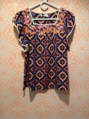 THML Navy Floral Embroidered Pom-Pom Sleeve Blouse